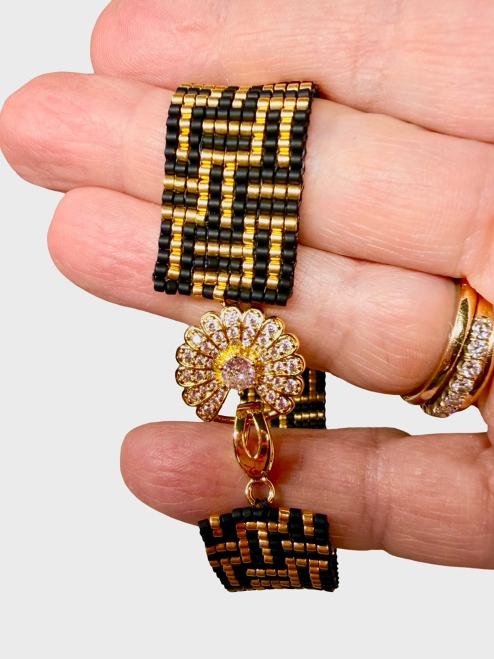 Black Gold Art Deco Beaded Bracelet | Geometric Loom Cuff | CZ Clasp - Picture 5 of 11